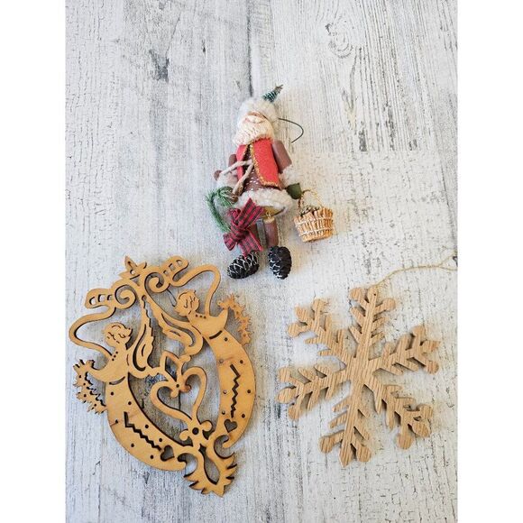 Hallmark Debbie Cook wooden rustic Santa snowman angel ornament Xmas set - Picture 1 of 7